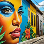 **A vibrant, detailed photograph of a large-scale street art mural in a bustling urban alleyway. The mural incorporates bright colors and depicts scenes of Brazilian culture and nature. Capture the textures of the wall and surrounding urban environment.**