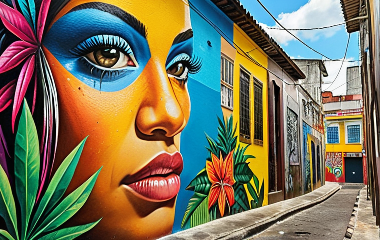 **A vibrant, detailed photograph of a large-scale street art mural in a bustling urban alleyway. The mural incorporates bright colors and depicts scenes of Brazilian culture and nature. Capture the textures of the wall and surrounding urban environment.**