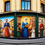 A vast, colorful urban mural painted on the side of a historic building in a sun-drenched European city. The mural depicts a vibrant narrative of local community history and traditions, celebrating unity and shared heritage. Fully clothed people in modest, diverse attire are admiring the artwork from the cobblestone street below, with natural poses. The scene is well-lit, conveying a sense of pride and cultural richness. professional photography, high quality, perfect anatomy, correct proportions, natural body proportions, well-formed hands, proper finger count, safe for work, appropriate content, fully clothed, family-friendly.