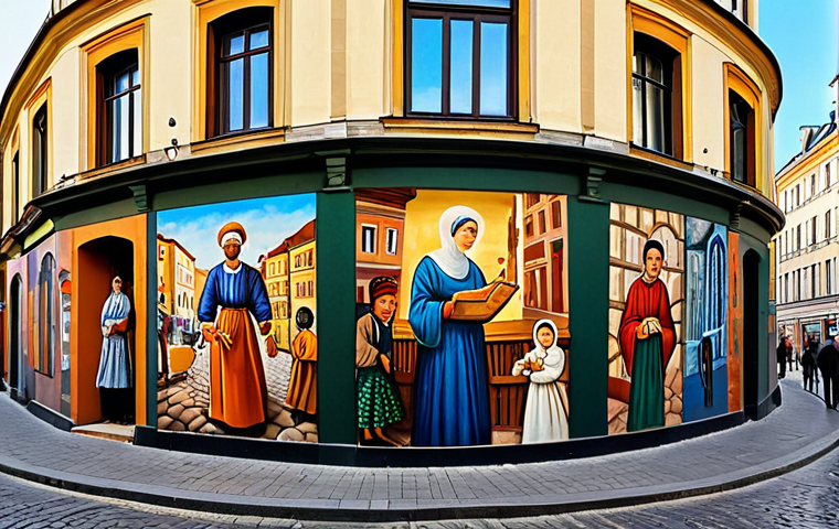 A vast, colorful urban mural painted on the side of a historic building in a sun-drenched European city. The mural depicts a vibrant narrative of local community history and traditions, celebrating unity and shared heritage. Fully clothed people in modest, diverse attire are admiring the artwork from the cobblestone street below, with natural poses. The scene is well-lit, conveying a sense of pride and cultural richness. professional photography, high quality, perfect anatomy, correct proportions, natural body proportions, well-formed hands, proper finger count, safe for work, appropriate content, fully clothed, family-friendly.