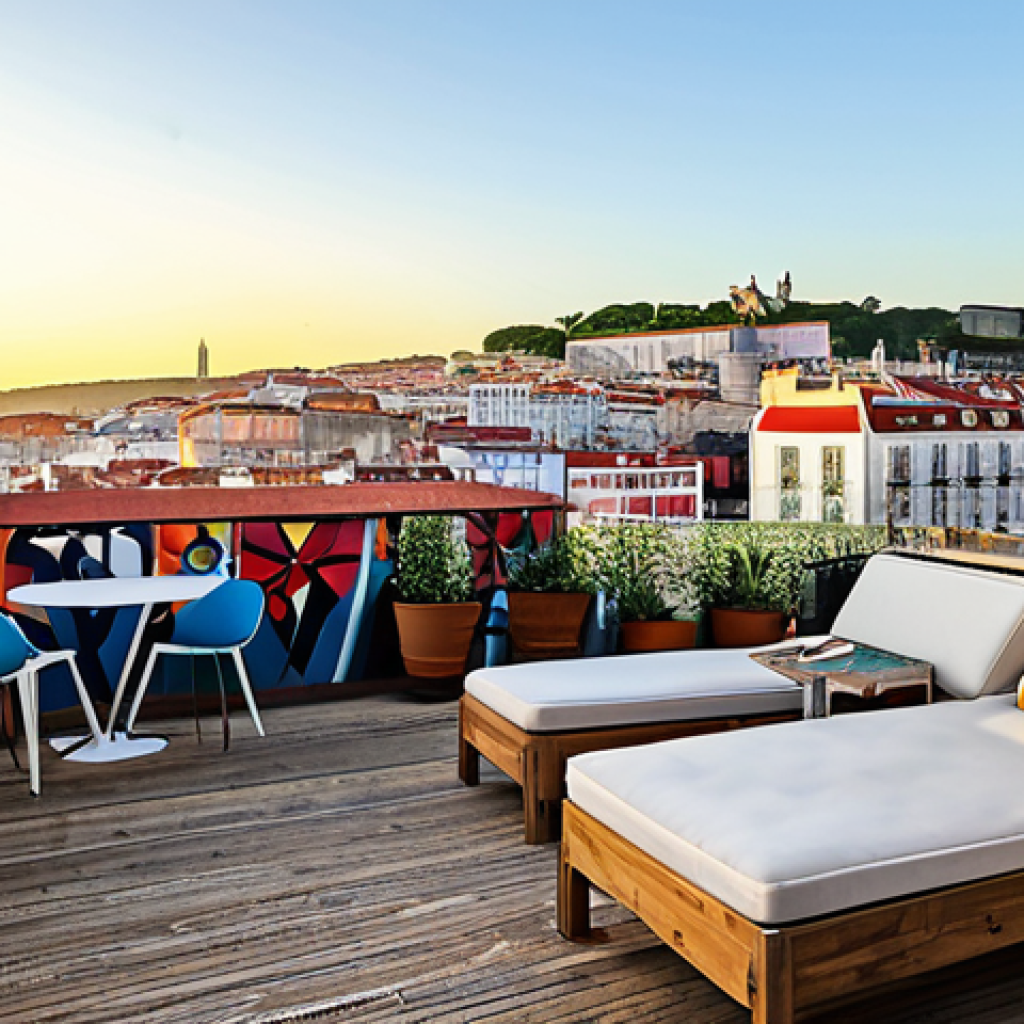 Lisbon Street Art Terrace View**

"A vibrant rooftop terrace overlooking Lisbon's Bairro Alto district. In the foreground, a stylish outdoor lounge area with comfortable seating and modern decor reminiscent of The Independente Hostel & Suites. In the background, a panorama of colorful street art murals covering buildings, capturing the essence of Lisbon's urban art scene. Golden hour lighting, high detail, realistic, safe for work, appropriate content, fully clothed, professional."

**