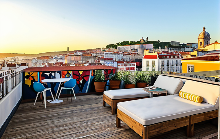 Lisbon Street Art Terrace View**
"A vibrant rooftop terrace overlooking Lisbon's Bairro Alto district. In the foreground, a stylish outdoor lounge area with comfortable seating and modern decor reminiscent of The Independente Hostel & Suites. In the background, a panorama of colorful street art murals covering buildings, capturing the essence of Lisbon's urban art scene. Golden hour lighting, high detail, realistic, safe for work, appropriate content, fully clothed, professional."
**