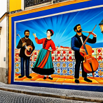 **Lisbon Mural Scene:** A vibrant mural in the Bairro Alto district of Lisbon, Portugal. The mural depicts a scene of Fado musicians and dancers, with colorful azulejo tile patterns in the background. Capture the warm, sunny atmosphere of Lisbon. Style: photorealistic, high detail, safe for work, appropriate content, fully clothed, professional.