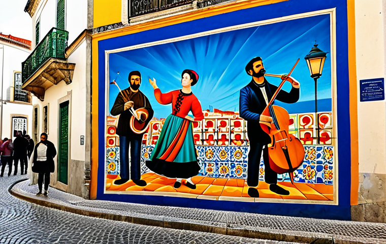 **Lisbon Mural Scene:** A vibrant mural in the Bairro Alto district of Lisbon, Portugal. The mural depicts a scene of Fado musicians and dancers, with colorful azulejo tile patterns in the background. Capture the warm, sunny atmosphere of Lisbon. Style: photorealistic, high detail, safe for work, appropriate content, fully clothed, professional.