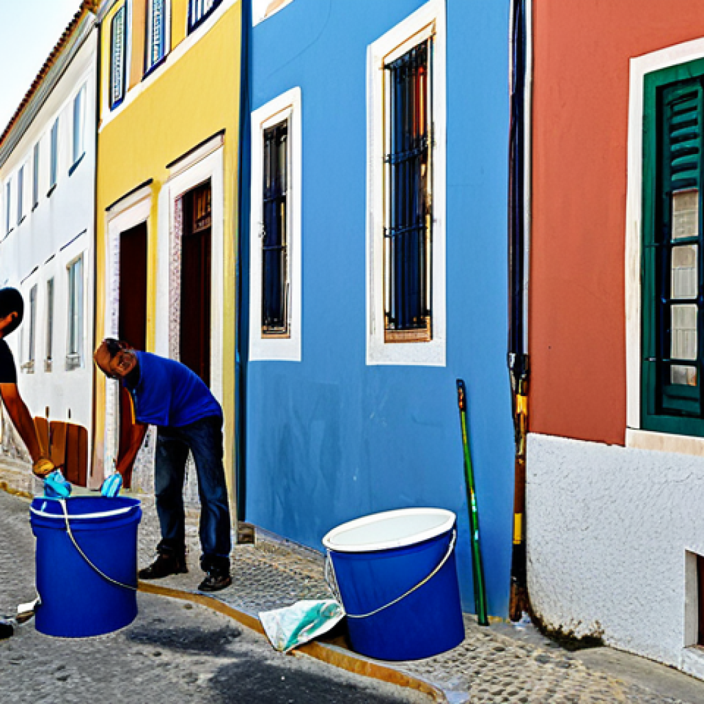 벽화작업 참여하기 - Mural Preparation**

"Community members preparing a wall for a mural in a sunny Portuguese neighborh...