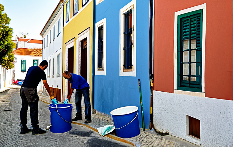 벽화작업 참여하기 - Mural Preparation**
"Community members preparing a wall for a mural in a sunny Portuguese neighborh...