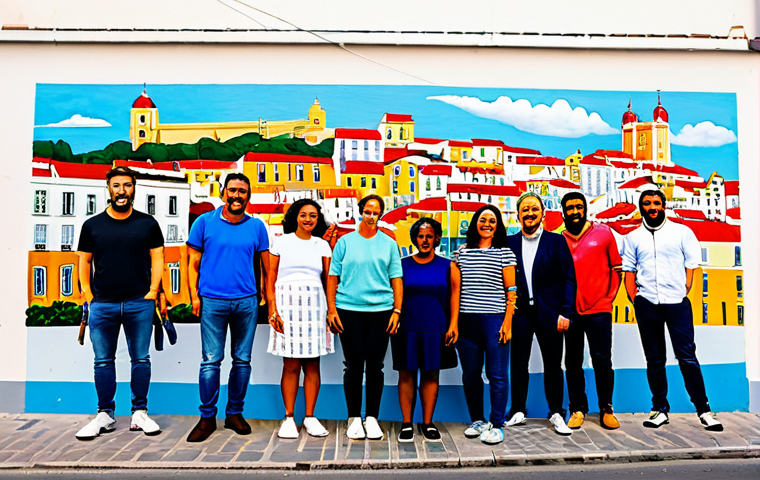 벽화작업 참여하기 - Mural Preparation**

"Community members preparing a wall for a mural in a sunny Portuguese neighborh...