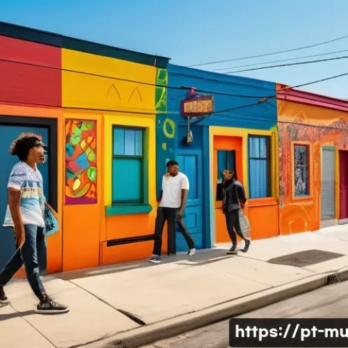 Home 33 벽화여행 광주 신흥동 벽화마을 - A vibrant urban street scene in a colorful neighborhood inspired by Brazilian culture, featuring lar...