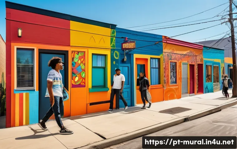 벽화여행 광주 신흥동 벽화마을 - A vibrant urban street scene in a colorful neighborhood inspired by Brazilian culture, featuring lar...