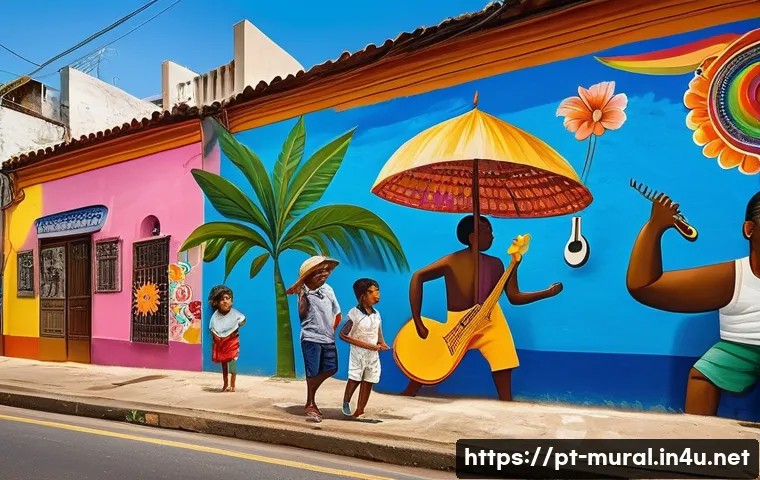 벽화여행의 문화유산 보호 - A vibrant urban mural in a bustling Brazilian neighborhood, featuring diverse local community member...