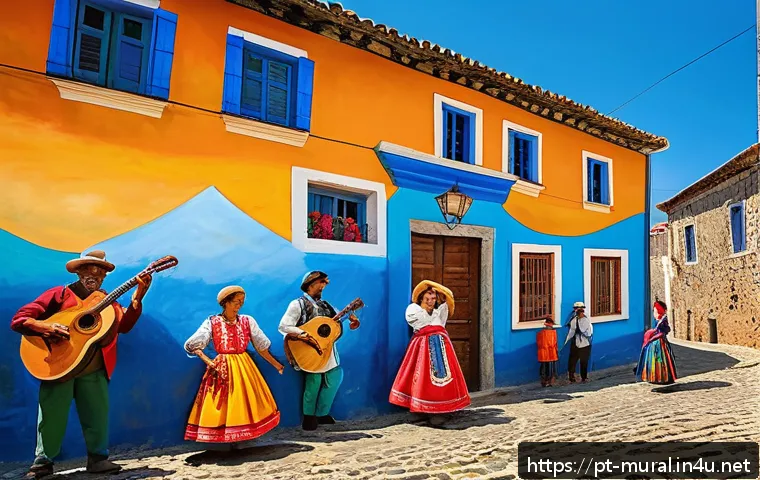 벽화여행 충청도 벽화마을 - A vibrant mural scene in a Portuguese artistic village showcasing traditional cultural festivals, wi...