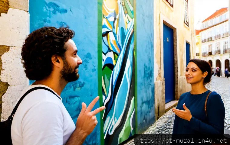 Home 17 벽화 예술 작품 해석 - Photorealistic wide-angle scene of a contemporary mural art tour in Lisbon, Portugal, an older Portu...