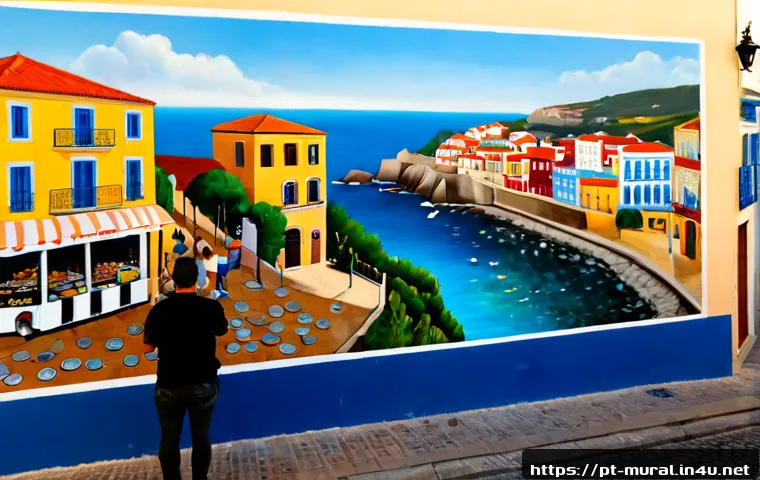 Home 17 벽화와 지역경제 활성화 - Photorealistic sunny afternoon in a colorful Portuguese-speaking coastal neighborhood, a large taste...