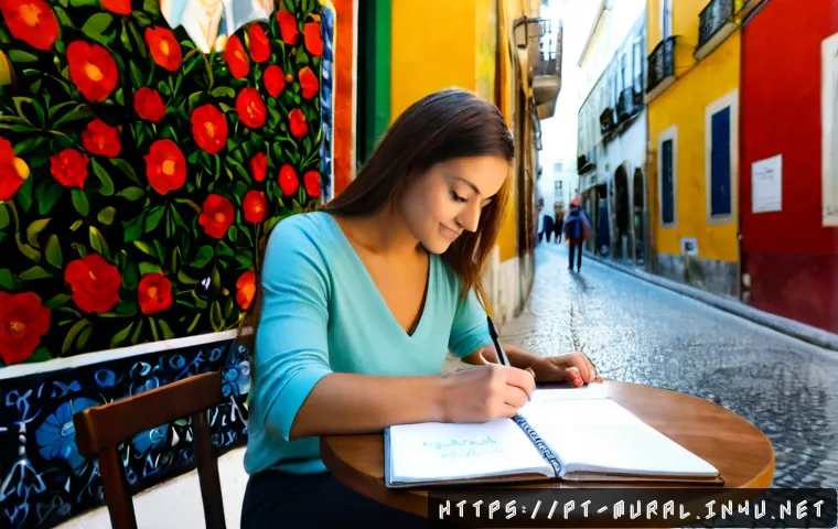 벽화여행 글쓰기 아이디어 - Photorealistic travel-writing scene in Lisbon, Portugal: a Portuguese woman seated at a small outdoo...
